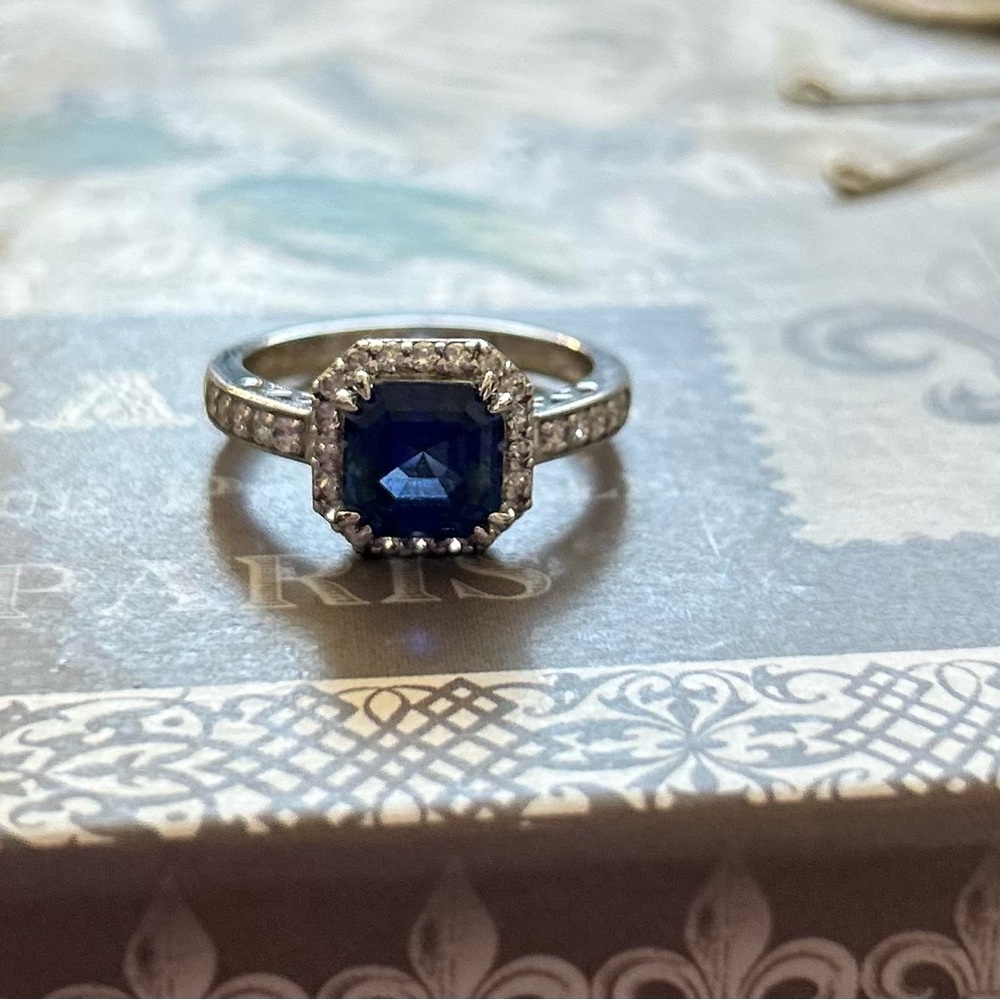 Sterling Silver Ring with Deep Blue lab sapphire and CZ surround - Picture 2 of 7